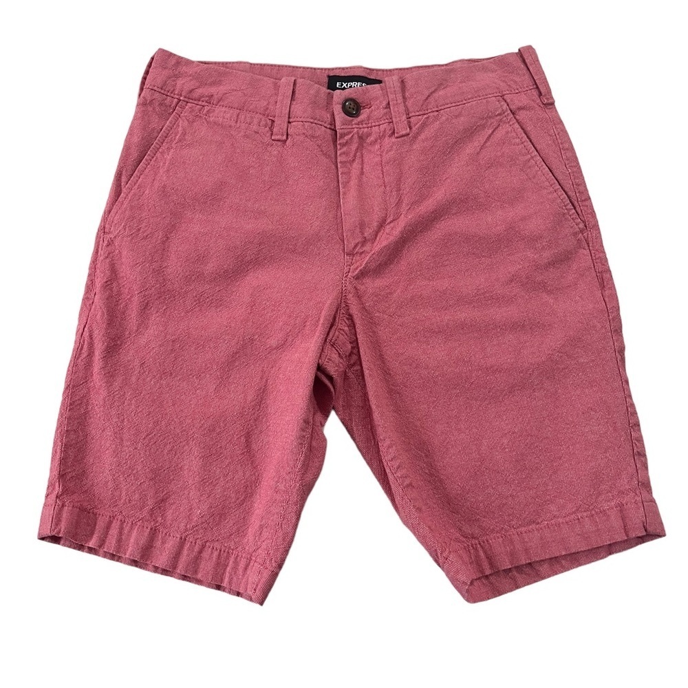 Express Above the Knee Men Salmon Coral Flat Front Chino Shorts Sz 28x9 Cotton